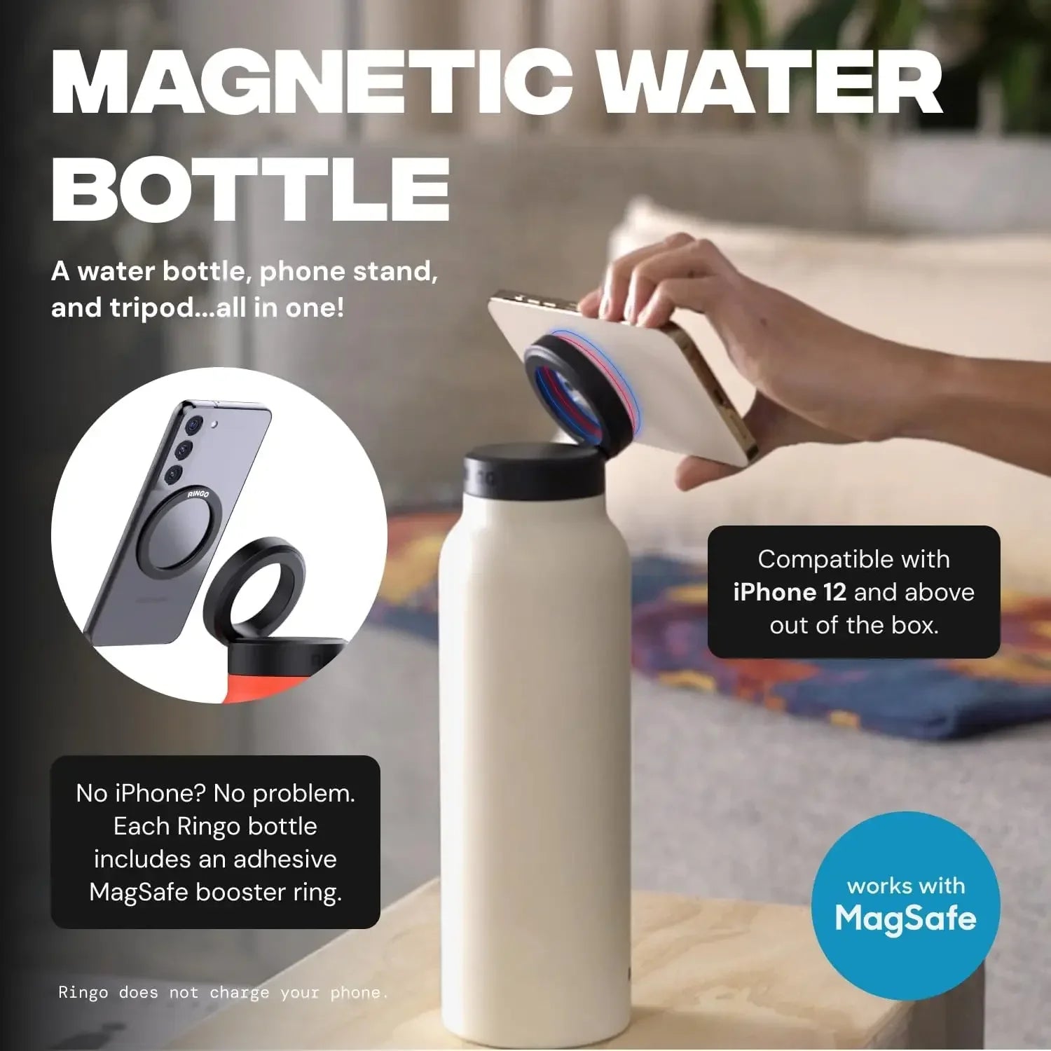 MagnaHydro: Insulated Water Bottle with Magnetic Phone Holder & Built-in Stand - HomeDashy